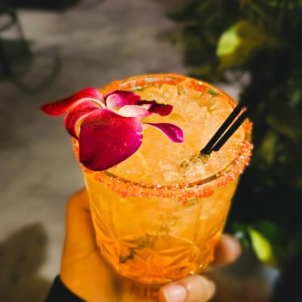A hand holds a vibrant orange cocktail with a red orchid garnish and two black straws.