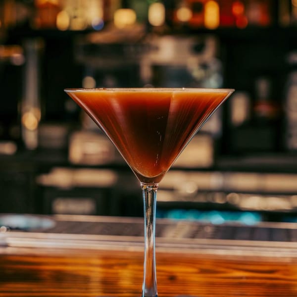 A dark amber cocktail in a martini glass sits on a wooden bar with blurred lights in the background.